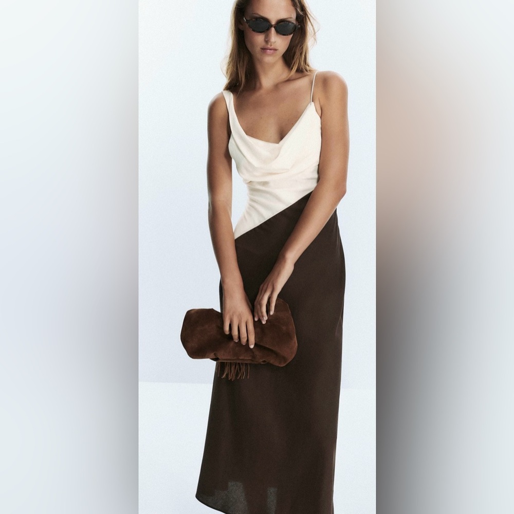 Zara Two-Tone Asymmetrical Slip Dress in Cream and Brown - Picture 2 of 11